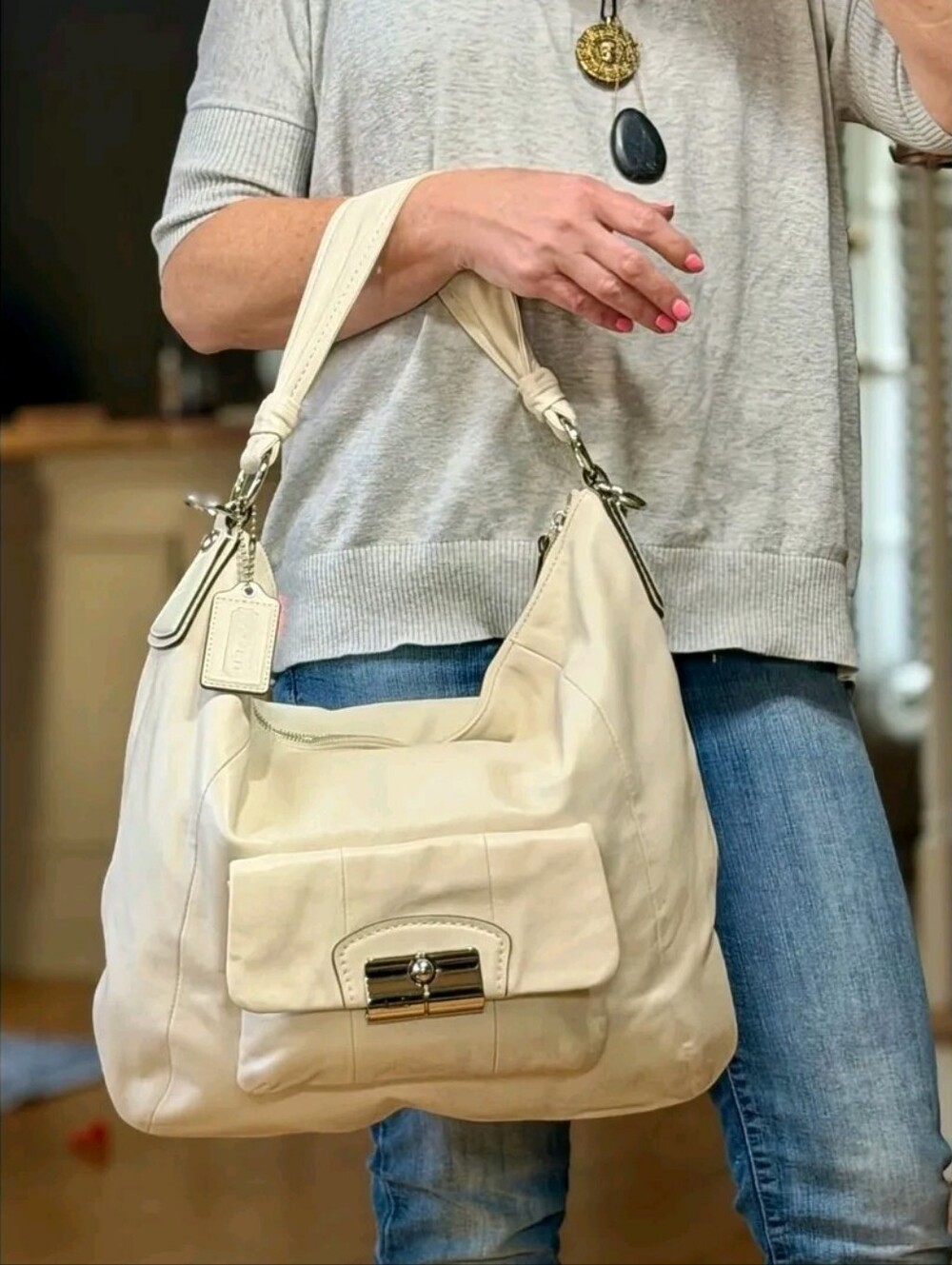 Coach Kristen Cream Leather Shoulder Hobo Bag